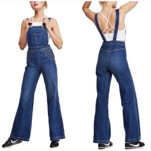 Free People We the Free Chasing Rainbows Boho Flare Denim Overalls Blue Size 2